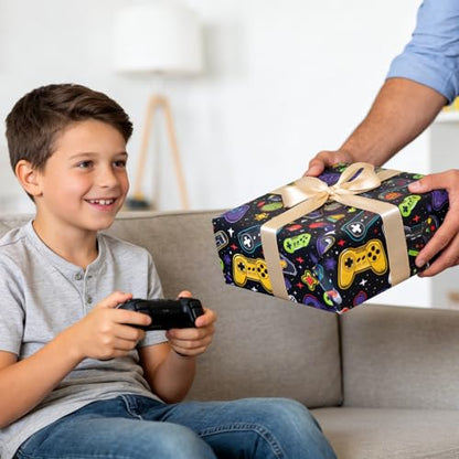Cuitpan Gaming Wrapping Paper - 4 Jumbo Sheets, 28 * 40 Inches, Video Game Console and Black Starry Sky Design, for Boys Birthday, Gaming Party & Holiday Gifts - color: Black-Gaming