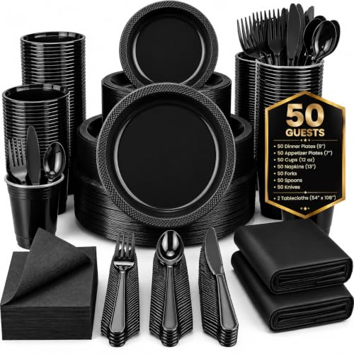 Tinybee 352 Pcs Black Plastic Plates, Disposable Dinnerware Set for 50 - color: Black
