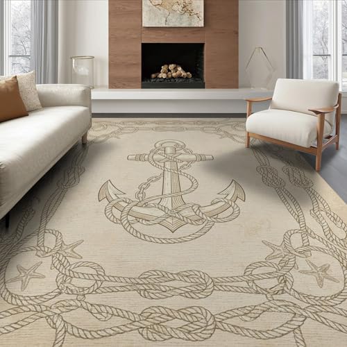 8'x10' Beige Beachy Nautical Anchor Rope Washable Area Rug | Rustic Maritime Design with Ocean Theme Non-Shedding, Easy Care, for King Size Bedroom Under Bed, Master Suite - color: Beige/Pattern 27, size: 8' x 10' (Rectangular)