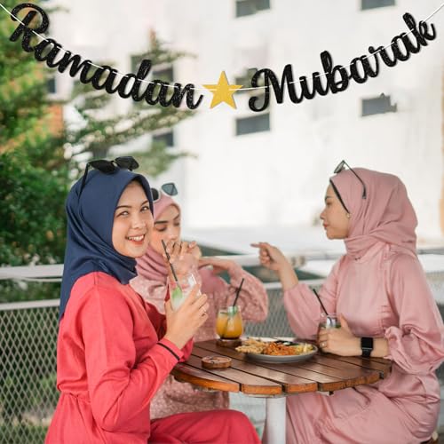 Ramadan Mubarak Banner - Ramadan Mubarak Decorations, Muslim Eid Mubarak Kareem Bunting Sign, Muslim Islamic Festival Party Decorations Black Glitter