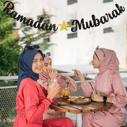 Ramadan Mubarak Banner - Ramadan Mubarak Decorations, Muslim Eid Mubarak Kareem Bunting Sign, Muslim Islamic Festival Party Decorations Black Glitter