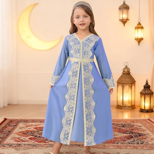 FYMNSI Kids Girls Muslim Abaya Dress Modest Lace Belted Prayer Dress Islamic Maxi Robe Kaftan Ramadan Arabian Dubai Clothes - color: Blue, size: 4-5T