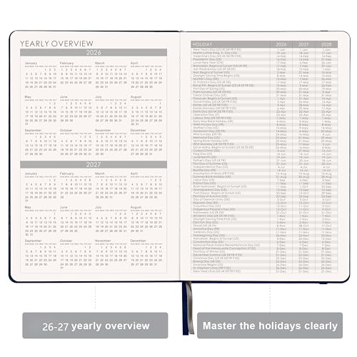 Artfan Planner 2026-2027 - Academic Planner 2026-2027, Jul. 2026 - Jun. 2027, 12-Months Weekly and Monthly, 5.75" x 8.25", Saffiano Leather with Thick Paper, Back Pocket with Notes Pages - Navy Blue - color: Sky Blue D