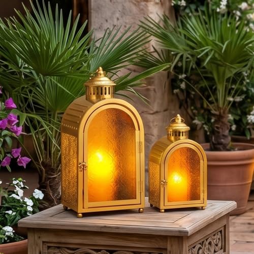 JHY DESIGN 2-Pack Vintage Metal Candle Lanterns with Embossed Amber Orange Glass 15.5'' High Hollow Carved Candle Holder, Portable Hanging Lantern for Home Patio Wedding Holiday Decor（Gold） - color: Gold