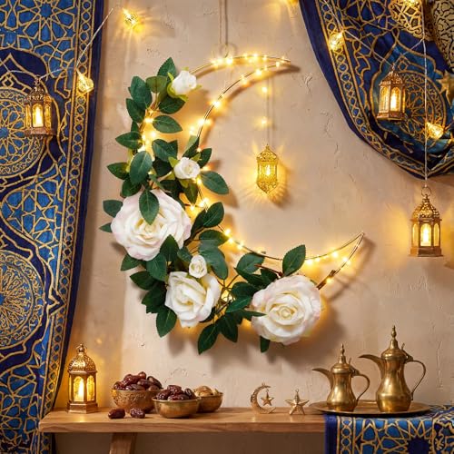Ramadan 12.6 Inch Moon Wreath with LED Lights, Eid Mubarak Decorations for Home, Hanging Metal Crescent with Artificial Flowers & Greenery, Wall Door Decor for Ramadan Kareem Eid Celebration