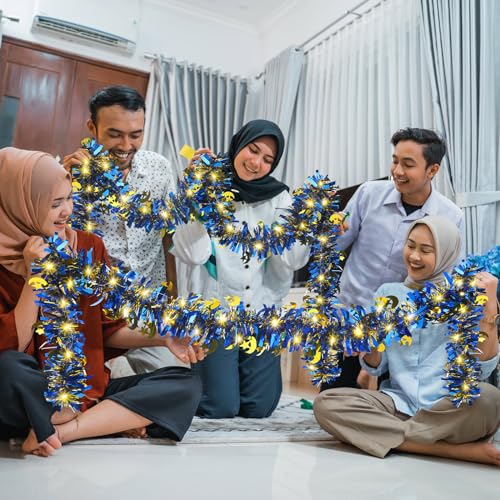 Kingdder 16.4 ft Ramadan Garland Decorations Metallic Garland with 50 LED Lights Hanging Star Crescent Moon with Light Foil Tinsel for Eid Al-adha Party Decor