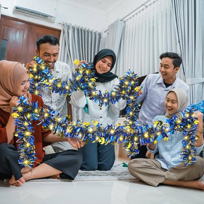 Kingdder 16.4 ft Ramadan Garland Decorations Metallic Garland with 50 LED Lights Hanging Star Crescent Moon with Light Foil Tinsel for Eid Al-adha Party Decor