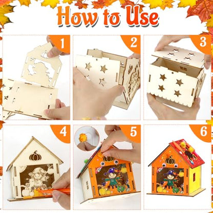 12 Thanksgiving Fall Crafts Wooden House for Boy, Girl & Adult, Fall Activities Kit DIY with Paint Pen Pumpkin Turkey Owl, Thanksgiving Arts and Crafts for Classroom Party Favors & Gift Supplies Bulk - style: Fall Thanksgiving