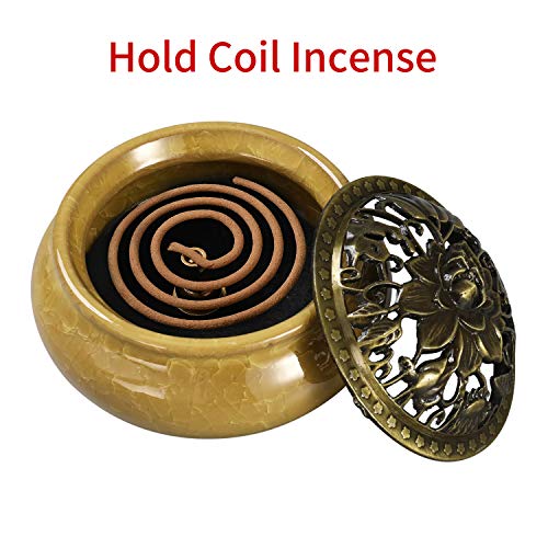 Miupoo Incense Burner and Cone Incense Holder with Brass Incense Stick Holder Ceramic Ash Catcher,Yellow - color: Yellow