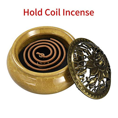 Miupoo Incense Burner and Cone Incense Holder with Brass Incense Stick Holder Ceramic Ash Catcher,Yellow - color: Yellow