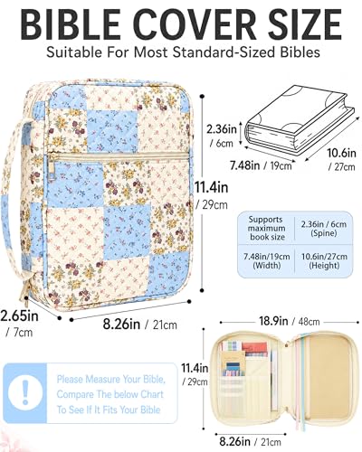 Bible Cover Case for Women Large Bible Bag, Quilted Bible Carrying Case with Handle Church Book Holder Bible Study Supplies Accessories Christian Gifts for Women (Spliced Flower Blue)