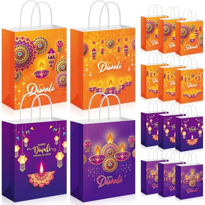 Kolldenn 12 Happy Diwali Treat Bags with Handle - Festival of Lights Gift Bags for Indian Diwali Party Decor