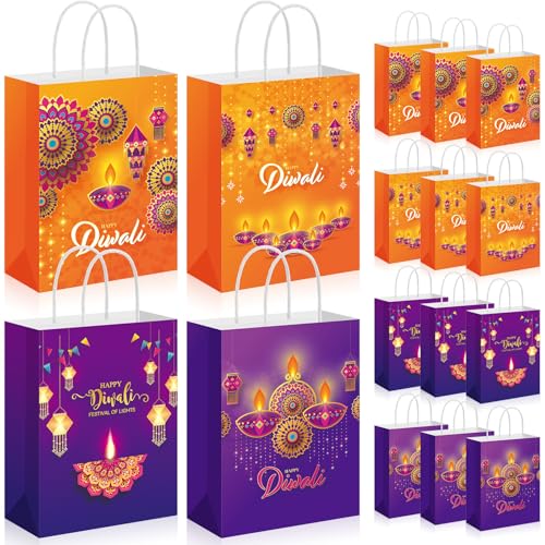 Kolldenn 12 Happy Diwali Treat Bags with Handle - Festival of Lights Gift Bags for Indian Diwali Party Decor