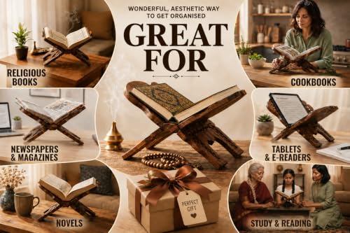 Beautiful Handmade Wooden Prayer Book Display Stand Holder Rehal for Religious Holy Books The Bible Quran Geeta Foldable Book Rest Traditional Living Room Home Decor Accents (10 (L) x 5 (W) Inches)
