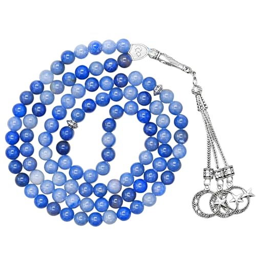 Amazing Gemstone Blue Aventurine Tasbeeh with Moon and Star Charm - Certified Crystal Muslim Prayer Beads Natural Gemstone Tasbih Gift for Ramadan Dhikr and Daily Namaz (S) - color: Blue Aventurine