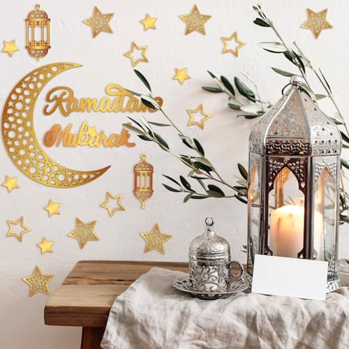 Geelin 23 Pcs Ramadan Decorations for Home 2026 Eid Ramadan Kareem Mubarak Wall Decor Islamic Wooden Gold Moon Star Lantern Wall Art Sign for Living Room Bedroom Muslim Arabic Party Supplies(Mubarak) - style: Mubarak