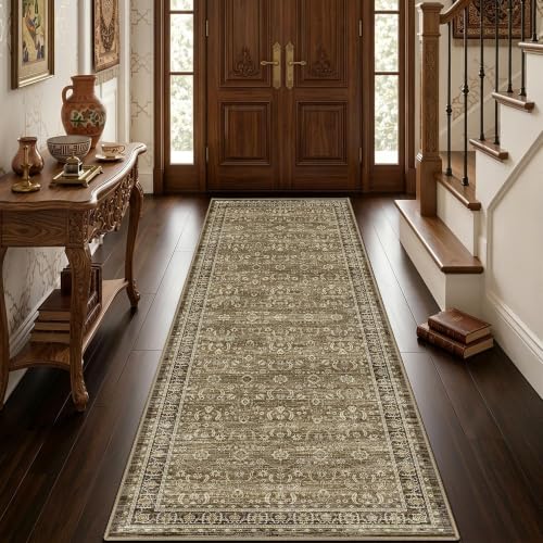 Brown Farmhouse Washable Runner Rug 2x6, Upgraded Non-Slip Area Rugs for Kitchen Hallway Bedroom, Vintage Distressed Floral Low Pile Floor Carpet for Laundry, Entryway Bathroom, Walnut Taupe - color: Walnut Taupe, size: 2' x 6' (Runner)