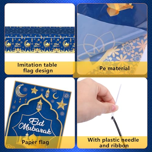 Iceyyyy 4 Pcs Ramadan Party Supplies Decoration Set-108"x54" Disposable Ramadan Mubarak Tablecloth & 32.8Ft Banner-Blue Eid Celebration Decoration for Muslim Ramadan Picnic Home Kitchen Party