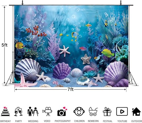 Under the Sea Backdrop Summer Tropical Fish Coral Ocean Underwater World Photography Background Ocean Aquarium Themed Baby Shower Birthday Party Banner Decorations Photo Booth Props 7x5FT - size: 7x5FT