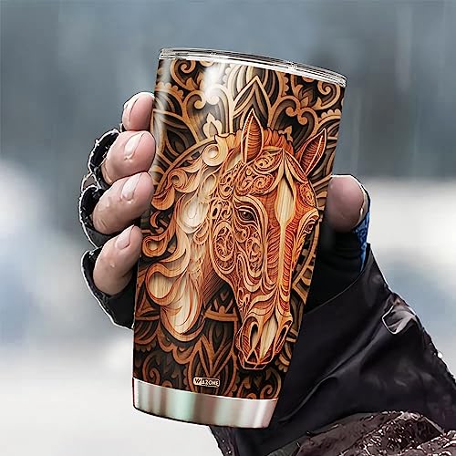 WAZONE Personalized Horse Tumbler With Lid Custom Name Wooden Drawings Vacuum 20oz 30oz Stainless Steel Coffee Travel Mug Equestrian Gifts Birthday Christmas For Men Women Teen Animal Lover - color: Horse
