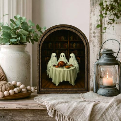 Halloween Ghost Dinner Arched Table Sign, Rustic Farmhouse Decor - color: Ghost Dinner Library
