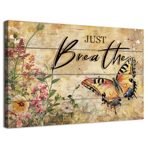 Just Breathe Wall Art Rustic Black and Gold Butterfly Wall Decor Farmhouse Flower Pictures for Kitchen Vintage Inspirational Quotes Canvas Prints Artwork for Living Room Bedroom Home Decoration 12x16" - color: Just Breathe, size: 16"L x 12"W