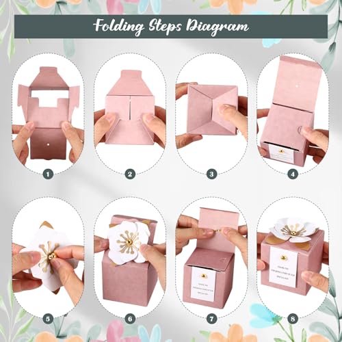 Affrolling 50 Pcs Wedding Favor Boxes with Thanks Card Square Flower Candy Boxes Paper Bridal Gift Box for Guests Wedding Bridal Shower Birthday Party Anniversary (Pink) - color: Pink