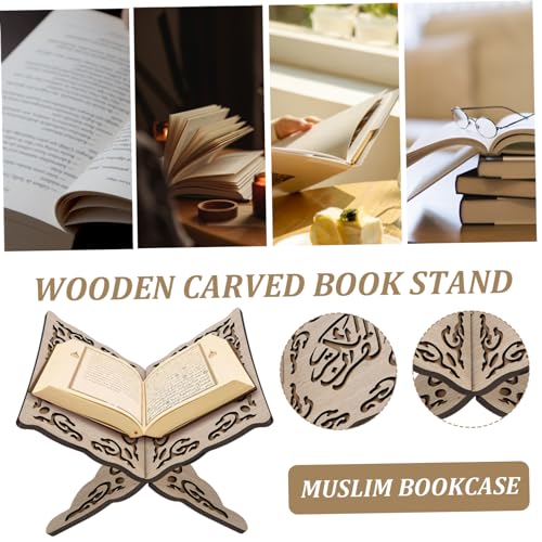 Quran Holder Foldable Wooden Quran Stand Book Holder for Prayer Reading, Muslim Bible Display, Cookbook Magazine Stand for Home Mosque Chapel 9.8x8.1x6.7'' Wood Color