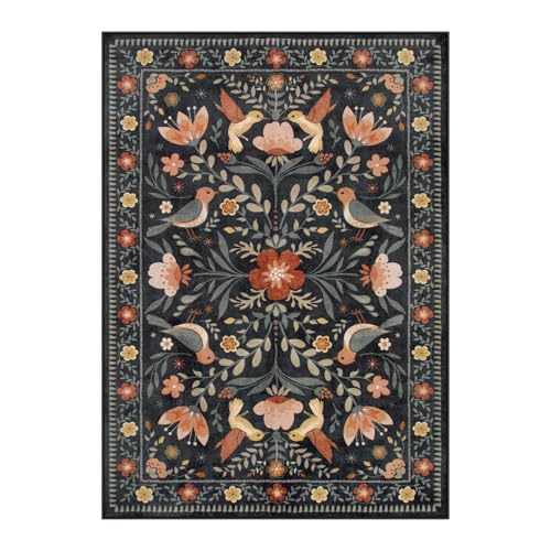 Moynesa Bedroom Rug 5x7, Washable Modern Transitional Black Area Rugs for Living Room Dining Room, Farmhouse Floral Bird Print Carpet, Folk Art Home Decor Open Floor Areas Non-Slip Protection - color: Black, size: 5' x 7' (Rectangular)