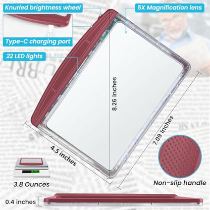 Rechargeable 5X Magnifying Glass for Reading, Large Bright Full Page Magnifier with Light, Handheld LED Dimmable Lighted, Lightweight Book Magnifier for Reading Small Prints Seniors - Red - color: Red