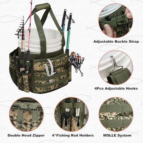 MYDAYS Fishing Bucket Organizer, Fishing Tackle Bag for Men, Rod and Tackle Boxes Holder Bag with Adjustable Buckle, Bucket Not Included (Green Camo)