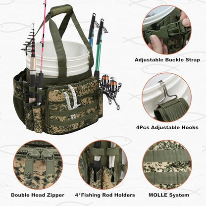 MYDAYS Fishing Bucket Organizer, Fishing Tackle Bag for Men, Rod and Tackle Boxes Holder Bag with Adjustable Buckle, Bucket Not Included (Green Camo)