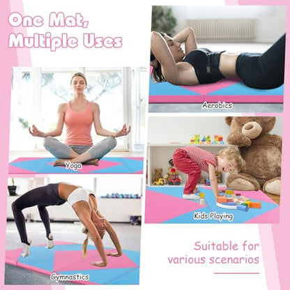 Goplus Gymnastics Mat, Folding Tumbling Mat with Carry Handles, Hook & Loop Fasteners, 4 Panels for Fitness Exercise Yoga Stretching Aerobics Workouts, Thick Gym Mats for Home - color: Blue&Pink