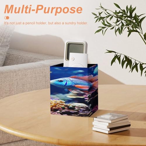 Coral Reef Fish Aquarium Square Pen Holders Classical Design Pencils Holders Makeup Brush Holders Leather Pen Holder Cup Desktop Stationery Organizer for Office Supplies