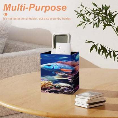 Coral Reef Fish Aquarium Square Pen Holders Classical Design Pencils Holders Makeup Brush Holders Leather Pen Holder Cup Desktop Stationery Organizer for Office Supplies