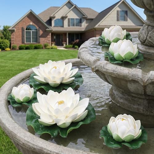 TOYANDONA 6pcs White Artificial Floating Lotus Flowers 7 Inch Lily Pads 2 Large(18cm) + 4 Small(10cm) Water Lily Pads Floating Pond Plants for Pond Pool Home Aquarium Garden Wedding Decor