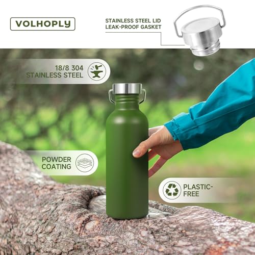 Volhoply 32oz Uninsulated Single Walled Water Bottle, Stainless Steel Sports Water Bottles with Handle, BPA Free Lightweight Water Bottles for Hiking, Biking, Running（Army Green,1） - color: Army Green