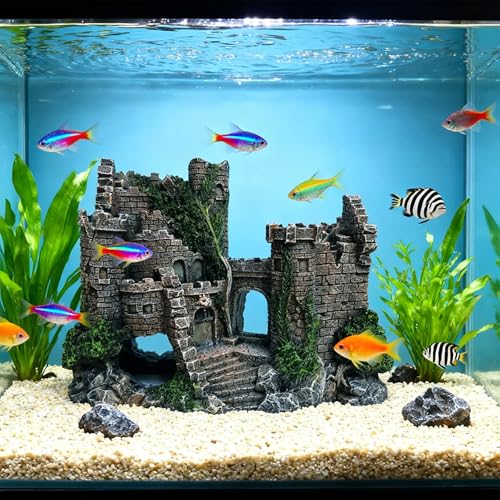 Aquarium Resin Castle Decoration, Air Bubbler Stone Cave Hideout House for Betta Fish, Shrimp & Turtles, Fish Tank Ornament Accessories for Breeding, Playing & Resting ，Decorative Bubbling Castle
