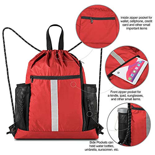 BeeGreen Red Drawstring Backpack Gymsack Bag with Shoe Compartment and Two Side Mesh Pockets Lightweight Durable Sports Cinch Sackpack 1 Pack for Women Men Workout Swim - color: Red, style: Drawstring With Shoe Compartment