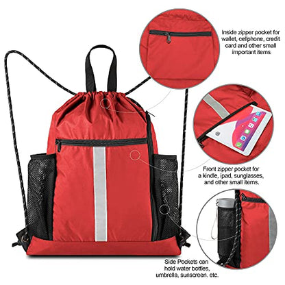 BeeGreen Red Drawstring Backpack Gymsack Bag with Shoe Compartment and Two Side Mesh Pockets Lightweight Durable Sports Cinch Sackpack 1 Pack for Women Men Workout Swim - color: Red, style: Drawstring With Shoe Compartment