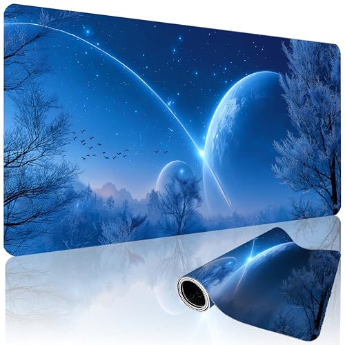 XXL Gaming Mouse Pad 35.4x15.7 Inch, Large Extended Desk Mat | Mousepad with Blue Meteor Design, Non-Slip Rubber Base, Water-Resistant Surface and Stitched Edges for Gaming, Office & Home - color: Blue Meteor