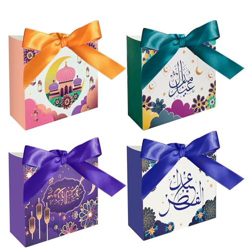 Colodeol 24Pcs Eid Mubarak Goodie Bags，Ramadan Goodie Bags with Ribbons Eid Mubarak Treat Bags Eid Gift Bags for Ramadan Kareem Eid Mubarak Party Supplies - color: 24 eid goodie bags
