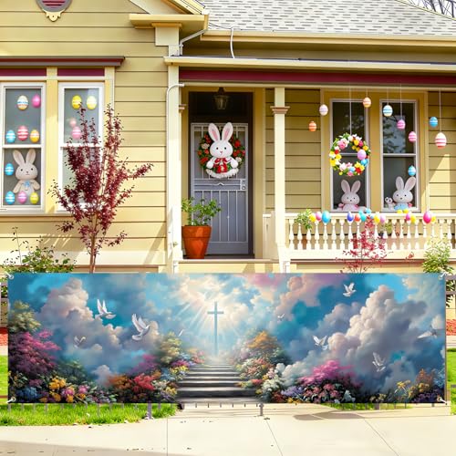 Christian Cross Fence Banner 118 x 35 Inch, Large Waterproof Outdoor Religious Banner with Stairway to Heaven Clouds & Doves for Yard Porch Fence Church Decorations - color: 225-1