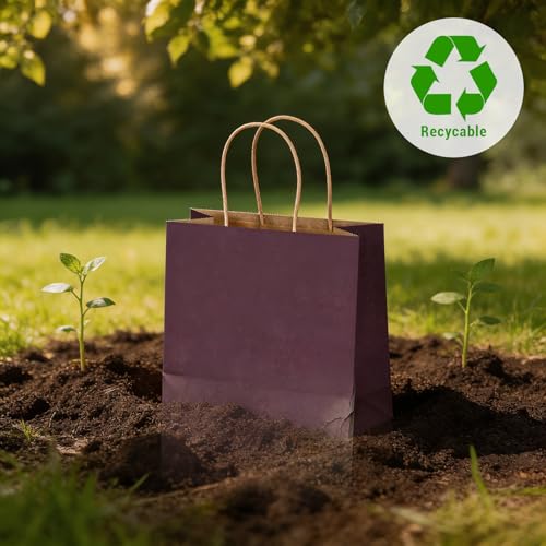 bagmad 100 Pack 8x4.75x10 Inch Plain Medium Paper Bags with Handles Bulk, Kraft Craft Gift Bags, Grocery Shopping Retail Birthday Party Favors Wedding Sacks (Purple) - color: Purple