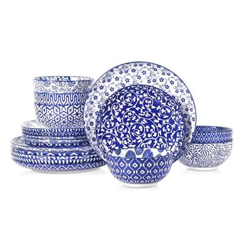 Selamica Ceramic Plates and Bowls Sets,18 Pieces Retro Floral Dinnerware Sets for 6,Dishwasher & Microwave Safe dish set,Family & Holiday Dining, Vintage Blue - color: Vintage Blue, size: Service for 6 (18 Pcs)