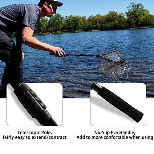SANLIKE Collapsible Telescopic Fishing Net Rubber Coated Salt/Freshwater | Rubber coated net, fiberglass pole, non-slip rubber handle, various telescopic sizes, one-click storage - color: Black, size: 17 inches to 43