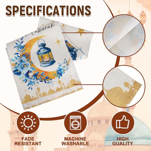 cnomg Eid Mubarak Table Runner Table Decorations 2 Pack Blue and Gold Holiday Kitchen Dining Table Runners with Moon Star and Lantern Flower for Home Party Decor 13 x 72 Inch