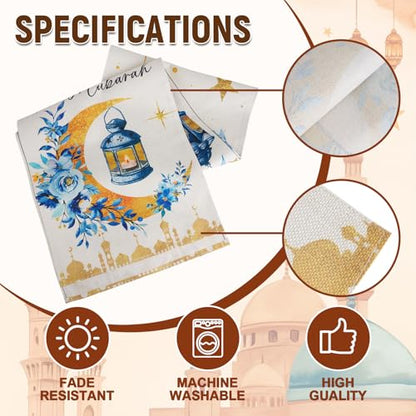 cnomg Eid Mubarak Table Runner Table Decorations 2 Pack Blue and Gold Holiday Kitchen Dining Table Runners with Moon Star and Lantern Flower for Home Party Decor 13 x 72 Inch