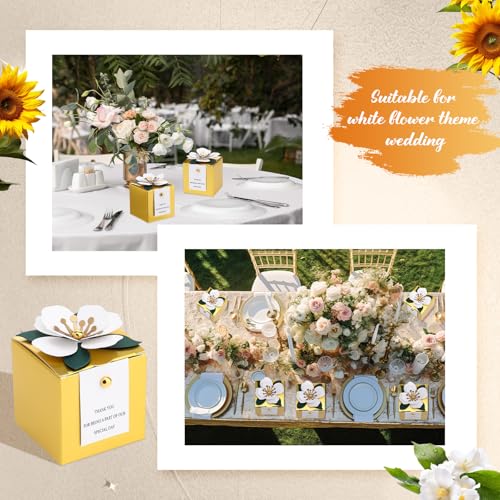 Affrolling 50 Pcs Wedding Favor Boxes with Thanks Card Square Flower Candy Boxes Paper Bridal Gift Box for Guests Wedding Bridal Shower Birthday Party Anniversary (Gold) - color: Gold