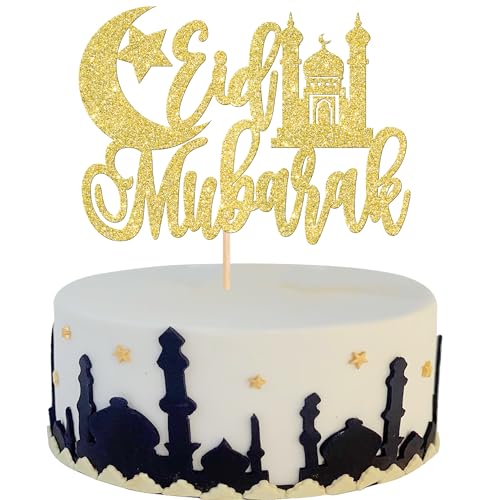 1 Pack Eid Mubarak Cake Topper Glitter Star Ramadan Cake Pick Moon and Star Eid Islamic Muslim Theme Party Cake Decoration Supplies Gold - color: 4-gold
